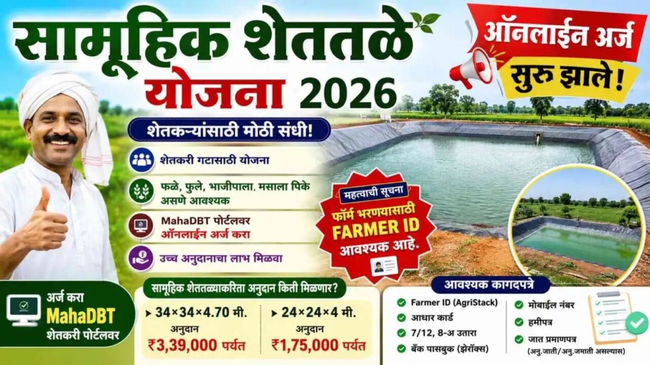 सामूहिक शेततळे योजना 2026; ऑनलाईन अर्ज सुरू, पात्रता, अनुदान आणि अर्ज प्रक्रिया जाणून घ्या