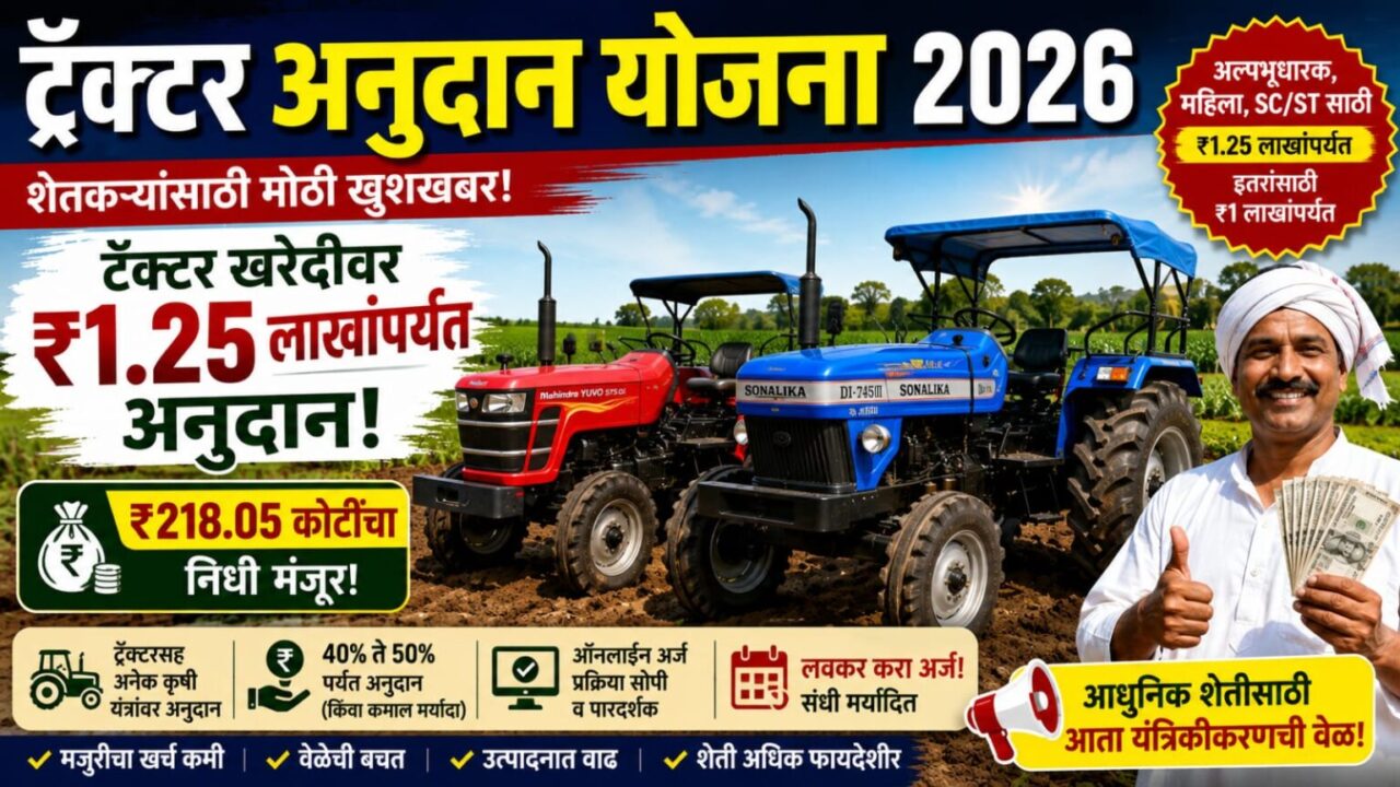 ट्रॅक्टर अनुदान योजना 2026: शेतकऱ्यांना ₹1.25 लाखांपर्यंत Subsidy, ₹218.05 कोटींचा निधी मंजूर; जाणून घ्या संपूर्ण माहिती